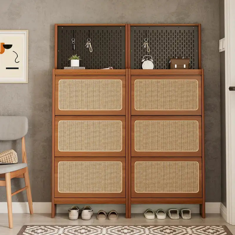Rattan Shoe Cabinet for Entryway, Shoe Rack with 3 Flip Drawers & Black Pegboard