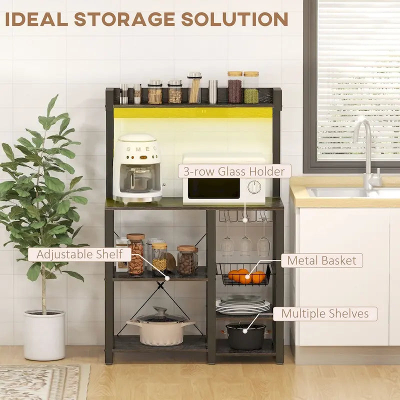 Industrial Baker's Rack with Power Outlet and LED Lights, Storage