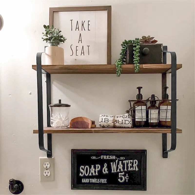 Dual Layers Rustic Wall Mounted Floating Storage Shelf Display Rack