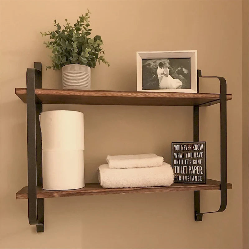 Dual Layers Rustic Wall Mounted Floating Storage Shelf Display Rack