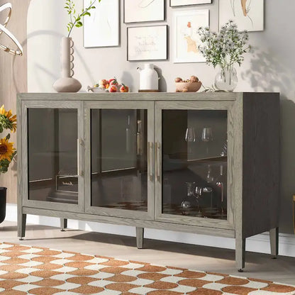 Wooden Storage Cabinet with 3 Tempered Glass Doors and Adjustable Shelf and Legs - 58.2L15.7W33.9H