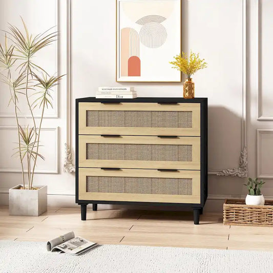 3-Drawers Rattan Storage Cabinet Rattan Drawer - N/A