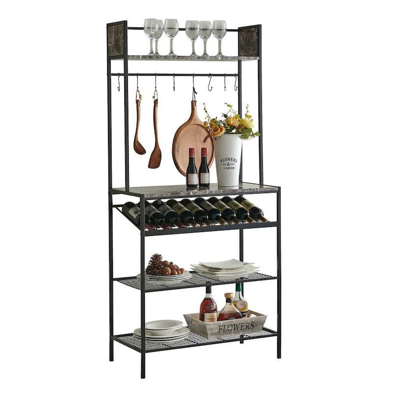Black Marble Bakers Rack - Microwave Stand for Kitchen with Wine Bottle Capacity & Hooks -Black