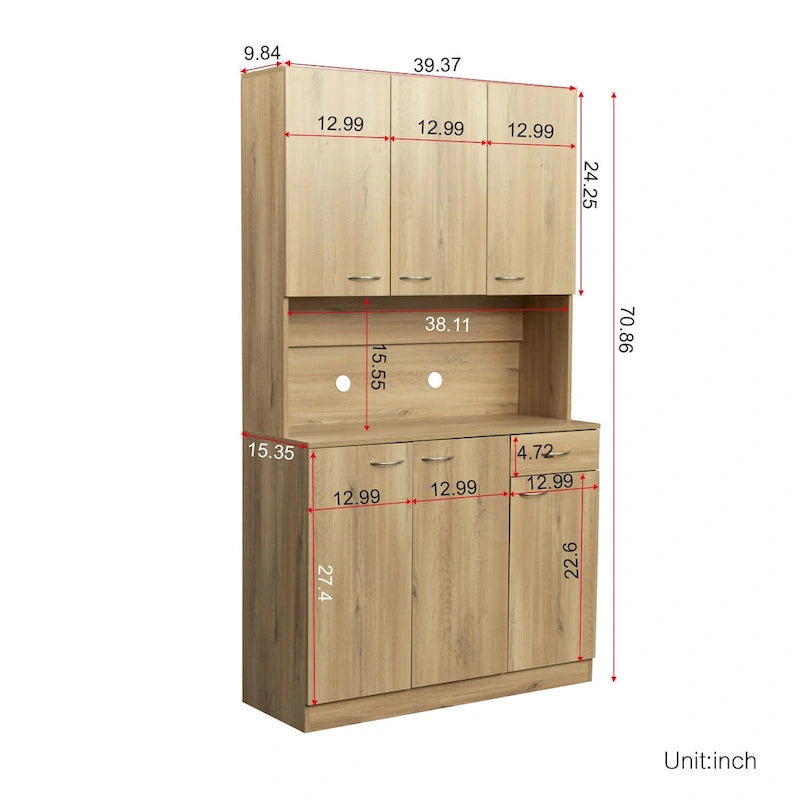 70.87 Tall Wardrobe& Kitchen Cabinet, with 6-Doors, 1-Open Shelves and 1-Drawer for bedroom