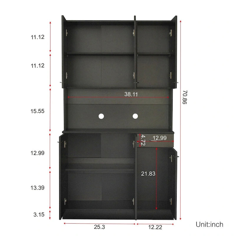 70.87 Tall Wardrobe& Kitchen Cabinet, with 6-Doors, 1-Open Shelves and 1-Drawer for bedroom