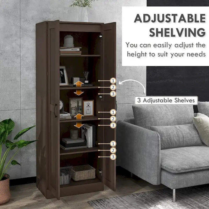 69 Tall Storage Cabinet with Movable Storage Shelves, Modern Style Pantry Cupboard Cabinet with Soft Close Doors, Coffee