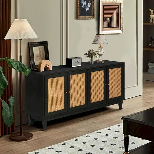 Rattan Sideboard Buffer Cabinet,Accent Storage Cabinet With 4 Rattan Doors