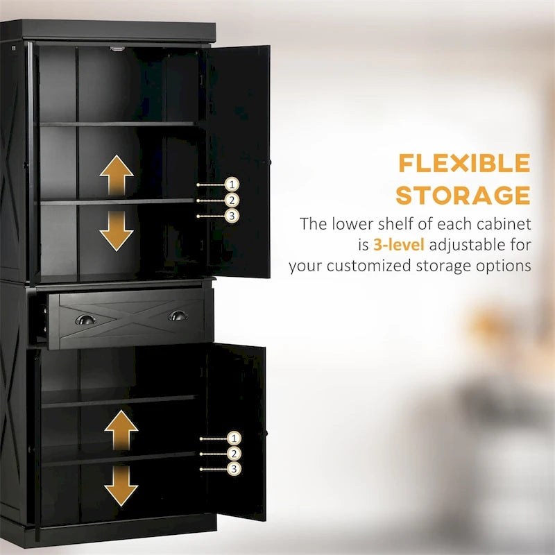 Freestanding 4 Door Kitchen Pantry Cabinet with 6-Tiers, 1 Drawer