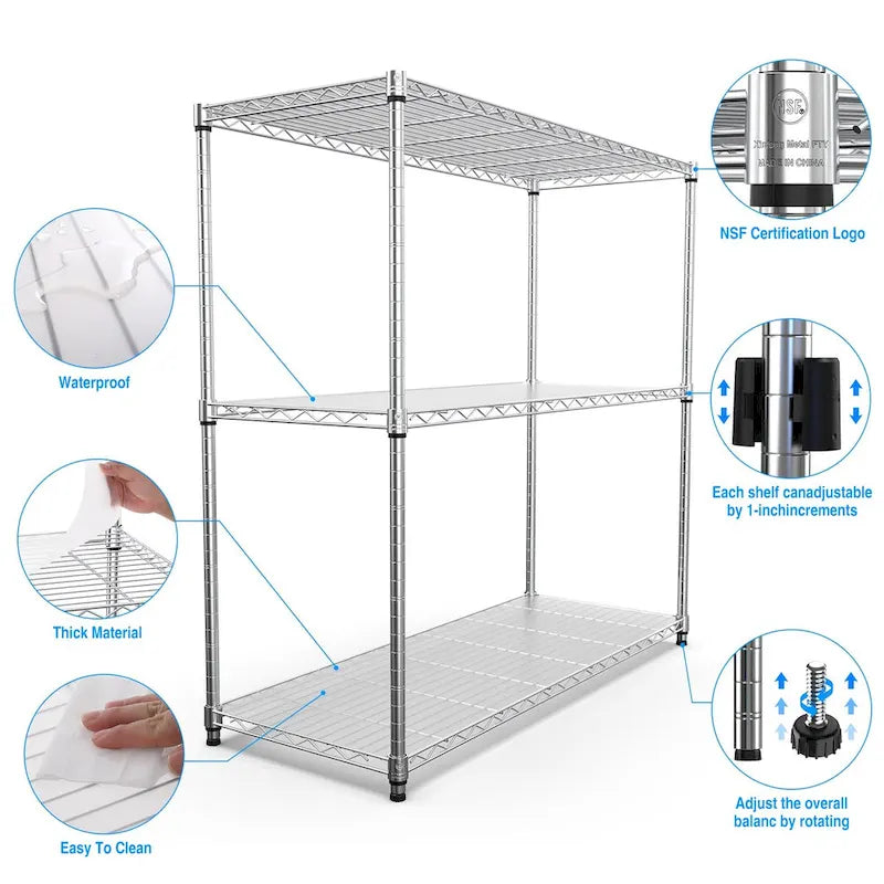 3 Tier Wire Shelving Unit, 1050 LBS NSF Height Adjustable Garage Storage Shelves, Heavy Duty Storage Wire Rack Metal Shelves