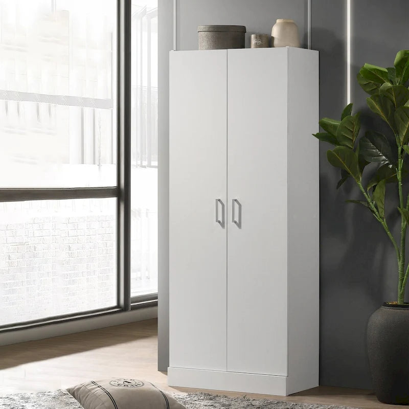 60 Tall White Double Door Cabinet, Freestanding Cupboard Closet Storage Organizer with 4 Tier Shelves