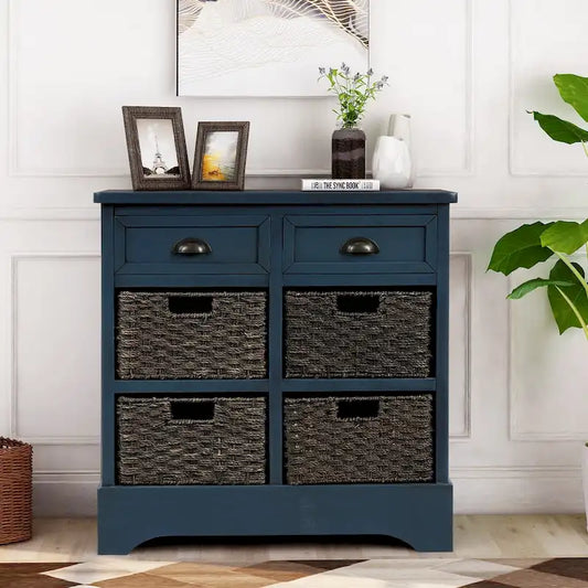 Rustic Storage Cabinet with Two Drawers and Four Classic Rattan Basket for Dining Room/Entryway/Living Room