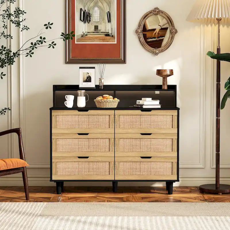 43.316-Drawers Rattan Storage Cabinet Rattan Drawer with LED Lights and Power Outlet,for Bedroom,Living Room