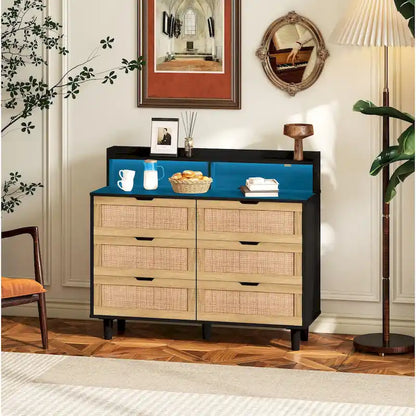 43.316-Drawers Rattan Storage Cabinet Rattan Drawer with LED Lights and Power Outlet,for Bedroom,Living Room