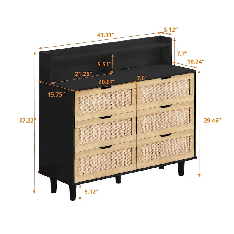43.316-Drawers Rattan Storage Cabinet Rattan Drawer with LED Lights and Power Outlet,for Bedroom,Living Room