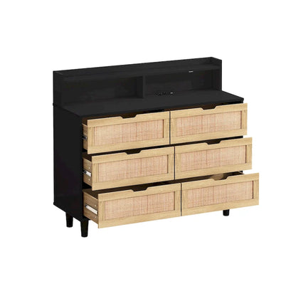 43.316-Drawers Rattan Storage Cabinet Rattan Drawer with LED Lights and Power Outlet,for Bedroom,Living Room
