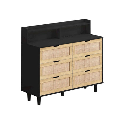 43.316-Drawers Rattan Storage Cabinet Rattan Drawer with LED Lights and Power Outlet,for Bedroom,Living Room