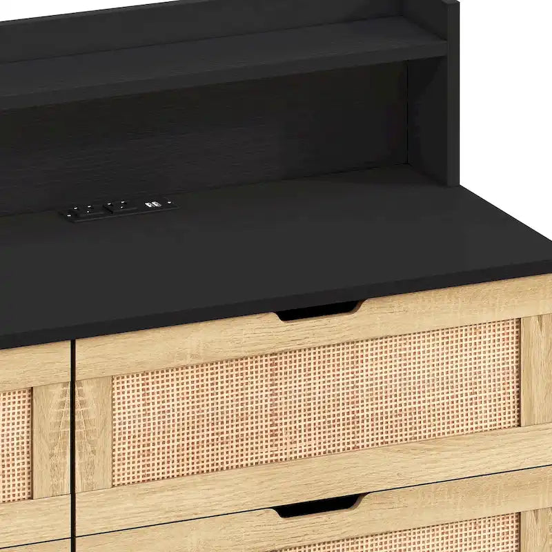 43.316-Drawers Rattan Storage Cabinet Rattan Drawer with LED Lights and Power Outlet,for Bedroom,Living Room