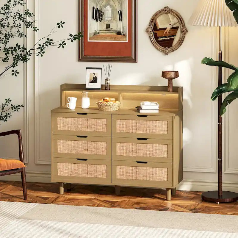 43.316-Drawers Rattan Storage Cabinet Rattan Drawer with LED Lights and Power Outlet,for Bedroom,Living Room