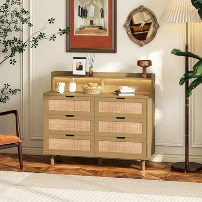43.316-Drawers Rattan Storage Cabinet Rattan Drawer with LED Lights and Power Outlet,for Bedroom,Living Room