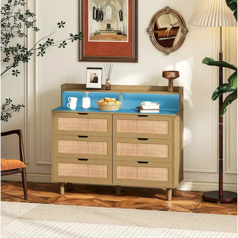 43.316-Drawers Rattan Storage Cabinet Rattan Drawer with LED Lights and Power Outlet,for Bedroom,Living Room