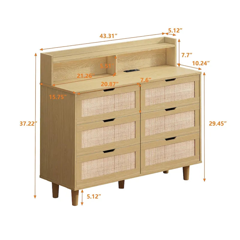 43.316-Drawers Rattan Storage Cabinet Rattan Drawer with LED Lights and Power Outlet,for Bedroom,Living Room