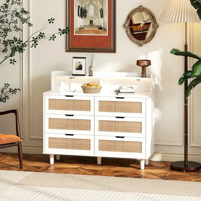 43.316-Drawers Rattan Storage Cabinet Rattan Drawer with LED Lights and Power Outlet,for Bedroom,Living Room