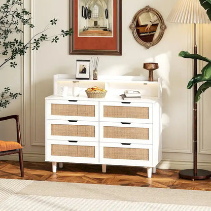 43.316-Drawers Rattan Storage Cabinet Rattan Drawer with LED Lights and Power Outlet,for Bedroom,Living Room