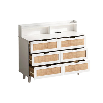 43.316-Drawers Rattan Storage Cabinet Rattan Drawer with LED Lights and Power Outlet,for Bedroom,Living Room
