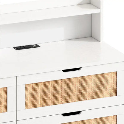 43.316-Drawers Rattan Storage Cabinet Rattan Drawer with LED Lights and Power Outlet,for Bedroom,Living Room