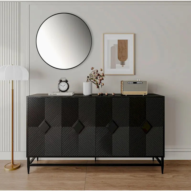 Accent Black Lacquered 4-Door Wooden Sideboard Buffet Server Cabinet