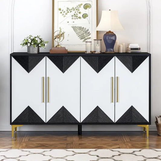 Unique Features of a Four-Door Cabinet with Two-Tone Triangular Pattern Doors, Suitable For Entryway