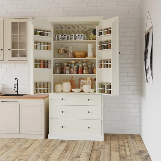 77inch Kitchen Pantry,Freestanding Tall Cupboard Storage Cabinet with 3 Adjustable Shelves,8 Door Shelves,3 Drawers