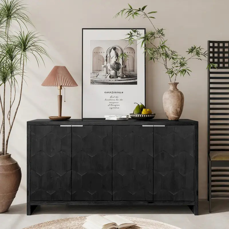 Accent Cabinet Farmhouse Style 4 Door Wooden Cabinet