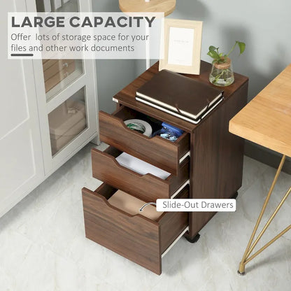 3 Drawer Office Storage Cabinet, Under Desk Cabinet with Wheels for Bedroom, Living Room, Brown Wood Grain