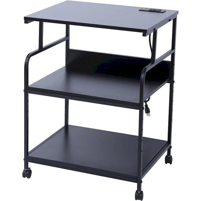 Printer Stand, Mobile Printer Cart, 3-Tier Printer Storage Rack with Charging Station and Roller for Office, Home (Black)