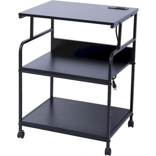 Printer Stand, Mobile Printer Cart, 3-Tier Printer Storage Rack with Charging Station and Roller for Office, Home (Black)