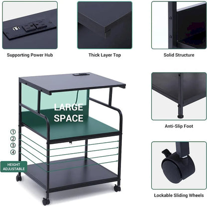 Printer Stand, Mobile Printer Cart, 3-Tier Printer Storage Rack with Charging Station and Roller for Office, Home (Black)