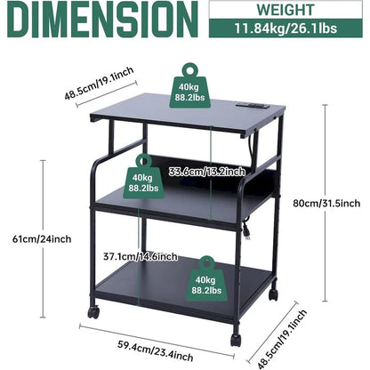 Printer Stand, Mobile Printer Cart, 3-Tier Printer Storage Rack with Charging Station and Roller for Office, Home (Black)