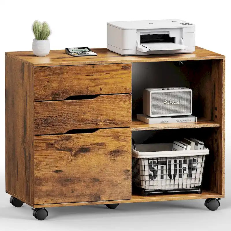 Mobile Lateral File Cabinet & Printer Stand with 3 Drawers and 2 Open Shelves