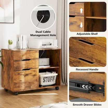 Mobile Lateral File Cabinet & Printer Stand with 3 Drawers and 2 Open Shelves