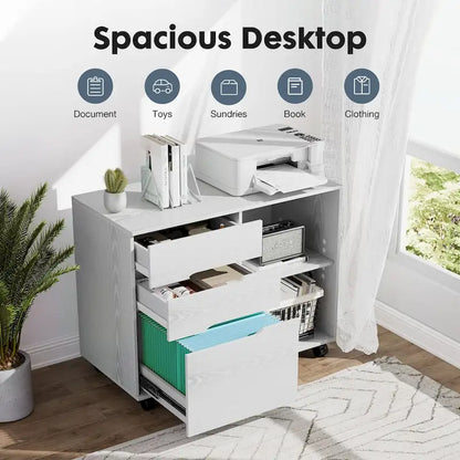 Mobile Lateral File Cabinet & Printer Stand with 3 Drawers and 2 Open Shelves