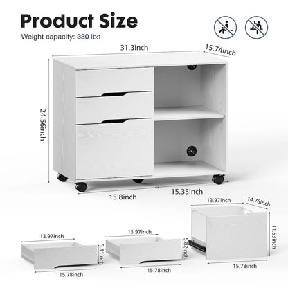 Mobile Lateral File Cabinet & Printer Stand with 3 Drawers and 2 Open Shelves