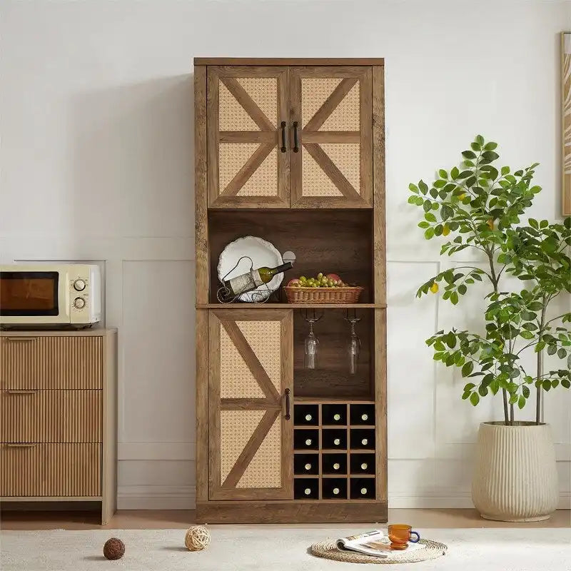 Mieres Wine Bar Cabinet, 76 Tall Kitchen Pantry Cabinet, Kitchen Bar Cabinet with Square Compartments, Coffee Bar Cabinet