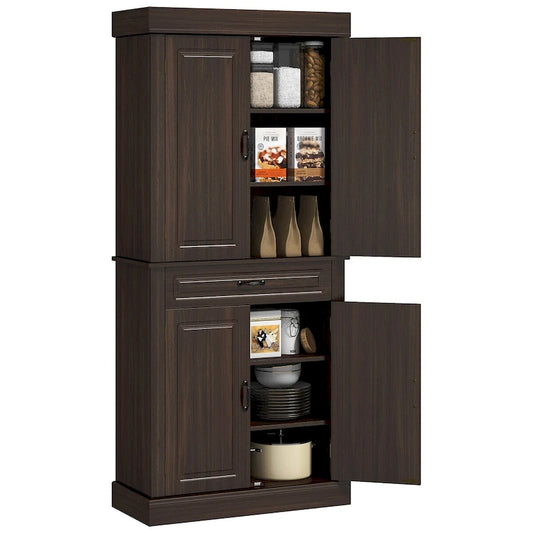 71 Freestanding Kitchen Pantry with 4 Doors and 2 Large Cabinets, Tall Storage Cabinet with Wide Drawer for Dining Room, Coffee