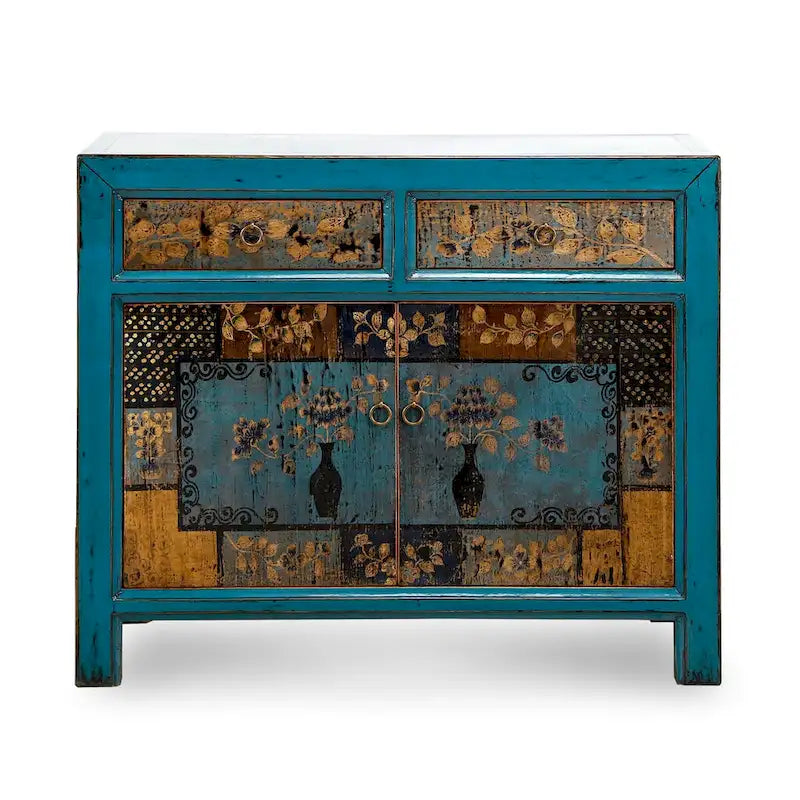 Wood Artissance Floral Cabinet Antique Indigo With two Drawers 38X16X33H - 16 L x 38.5 W x 33 H - image 1