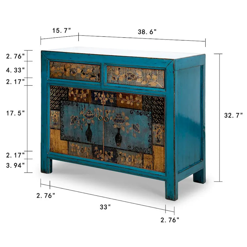 Wood Artissance Floral Cabinet Antique Indigo With two Drawers 38X16X33H - 16 L x 38.5 W x 33 H - image 2