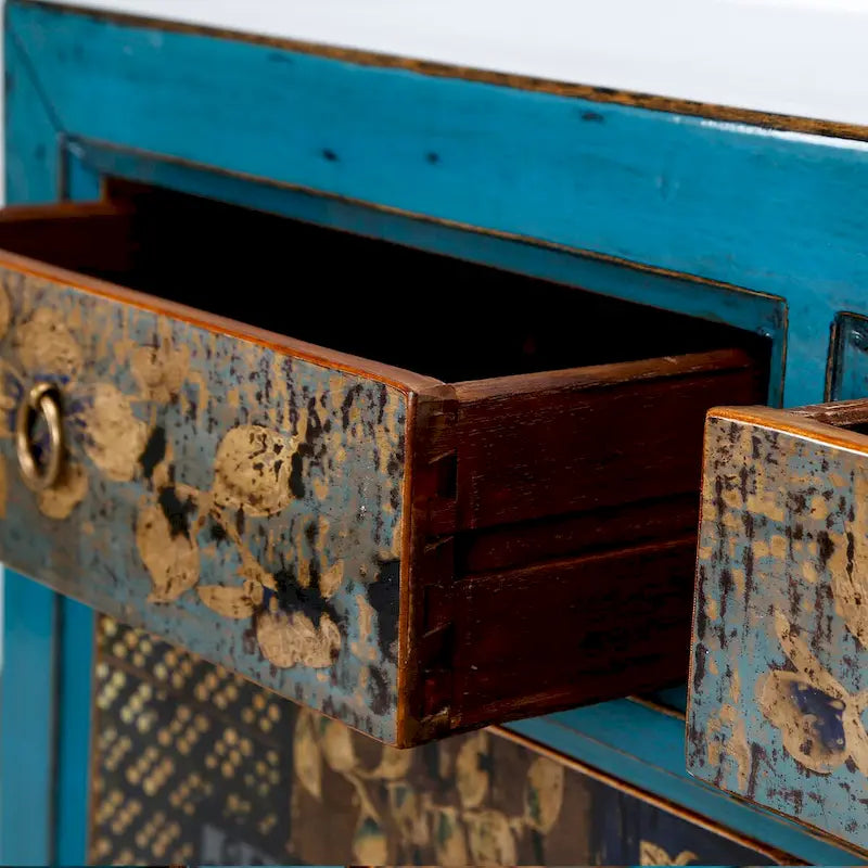 Wood Artissance Floral Cabinet Antique Indigo With two Drawers 38X16X33H - 16 L x 38.5 W x 33 H - image 6