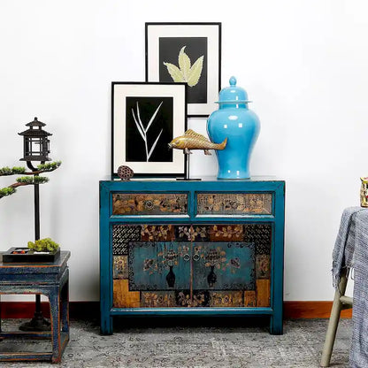 Wood Artissance Floral Cabinet Antique Indigo With two Drawers 38X16X33H - 16 L x 38.5 W x 33 H - image 7