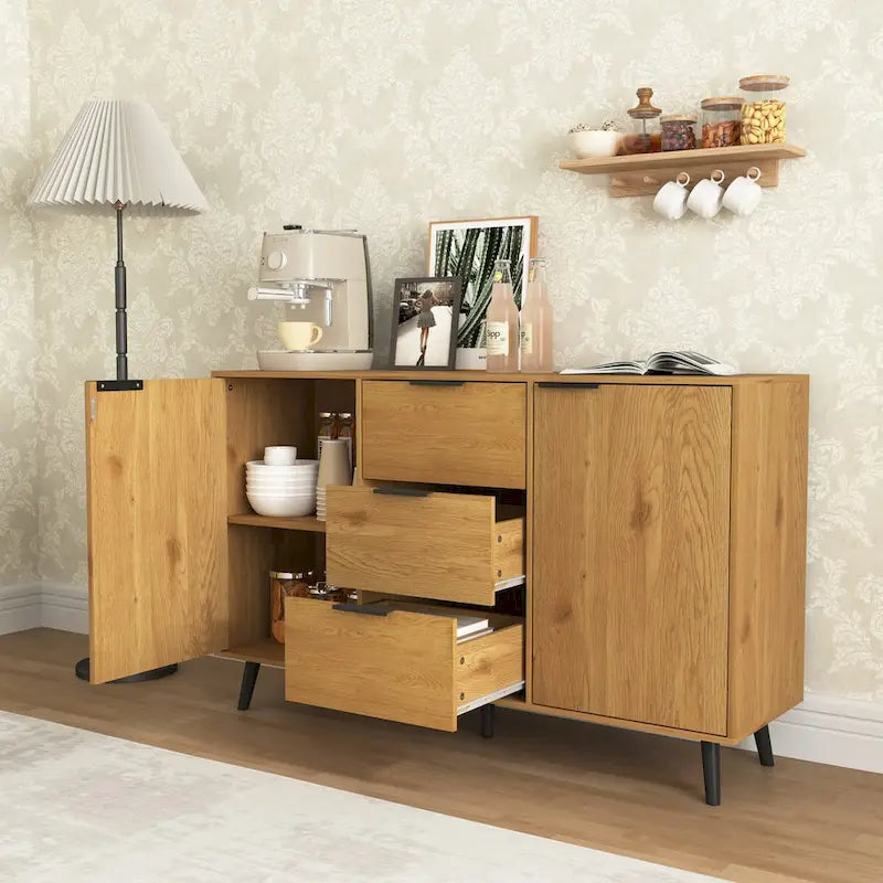 Sideboard Buffet Cabinet with Storage,Wood Coffee Bar Cabinet,47.2 Cabinet with 3 Drawers & 2 Doors,Buffet Cabinet Cupboard