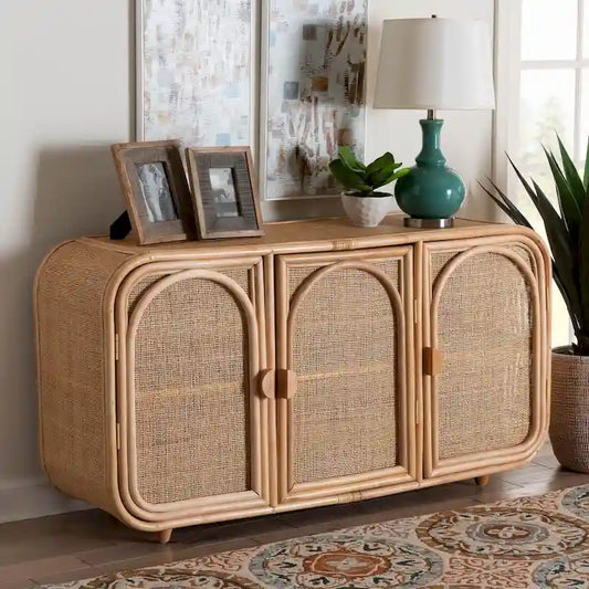 Evania Bohemian Natural Rattan 3-Door Storage Cabinet